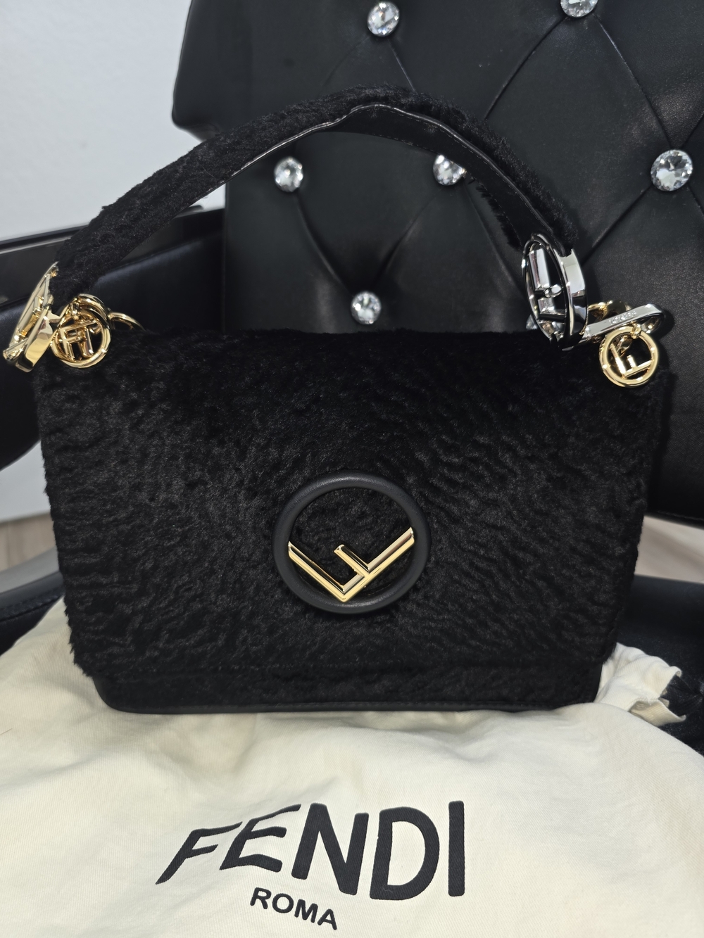 Fendi Black Shearling Peekaboo Top Handle Bag